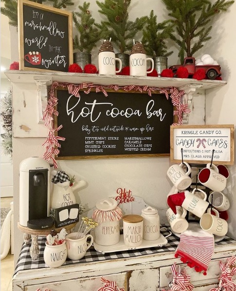 Festively decorated holiday hot cocoa bar