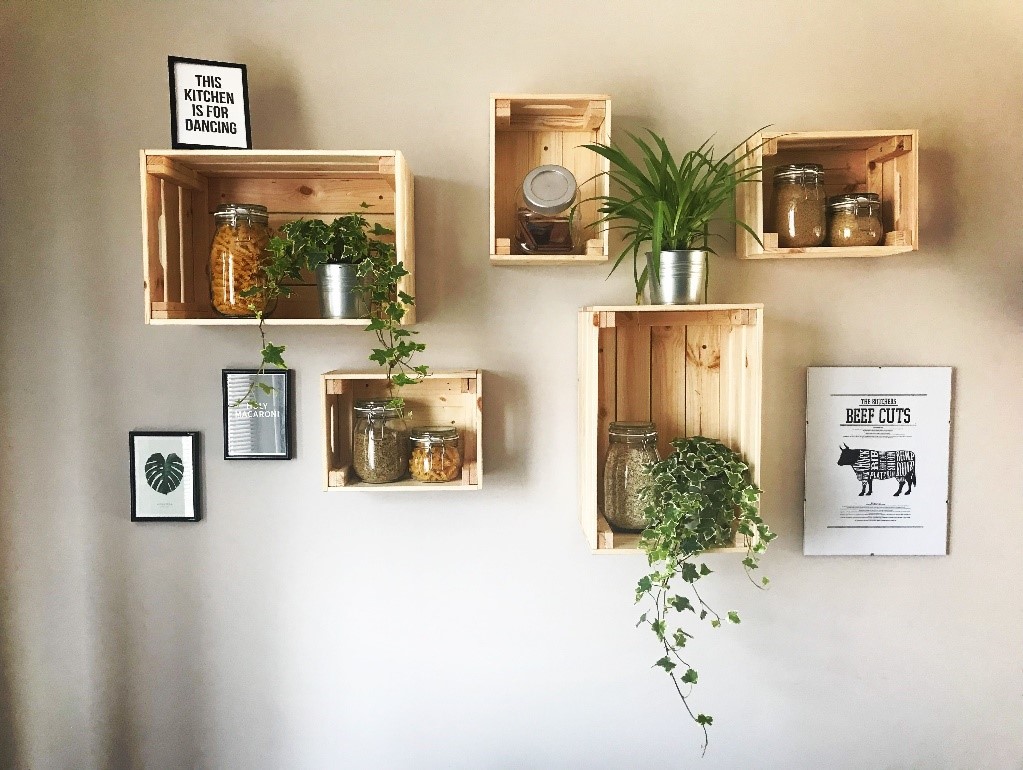 Wooden shelves in the kitchen